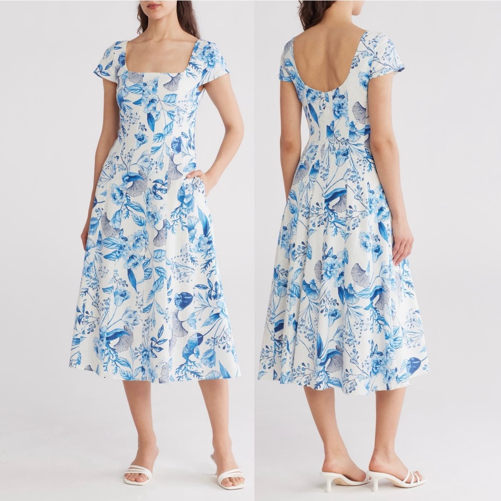 Avec Les Filles Blue Floral Midi Dress, Size 12